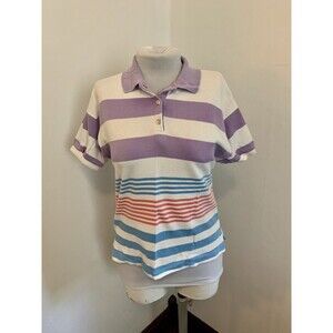 VTG Aileen Pastel Stripe Polo Unisex Sho Sleeve Shirt Small Rainbow Cotton Soft